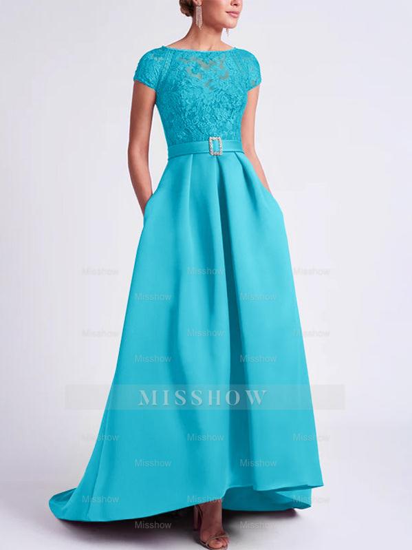 Asymmetrical A-Line Mother of the Bride Dress with Scoop Neck and Short Sleeves