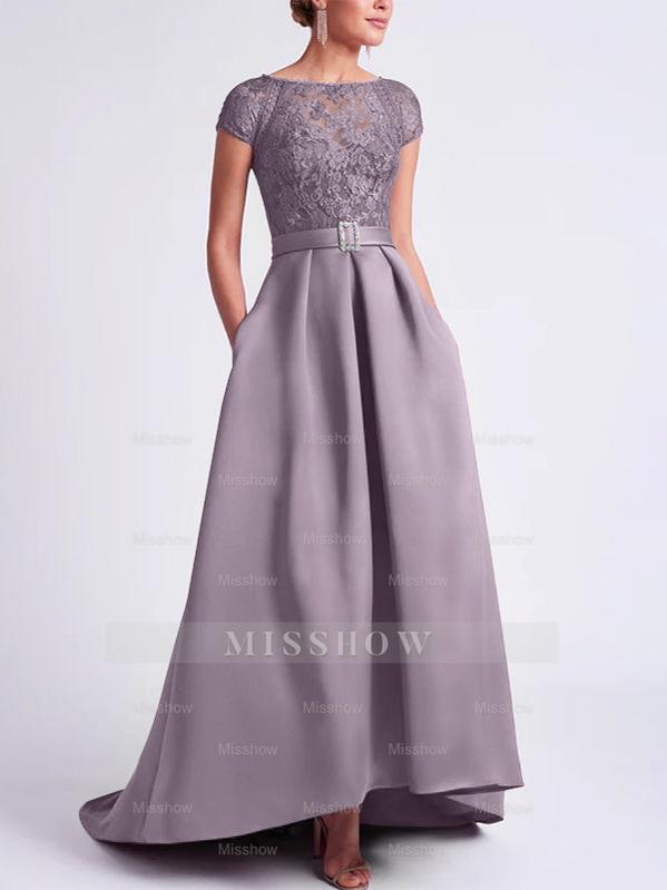 Asymmetrical A-Line Mother of the Bride Dress with Scoop Neck and Short Sleeves