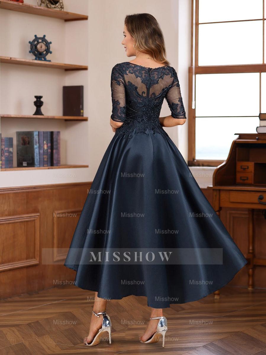 Asymmetrical A-Line Princess Gown with Scoop Neck Half Sleeves and Lace Appliques for Mothers of the Bride & Groom