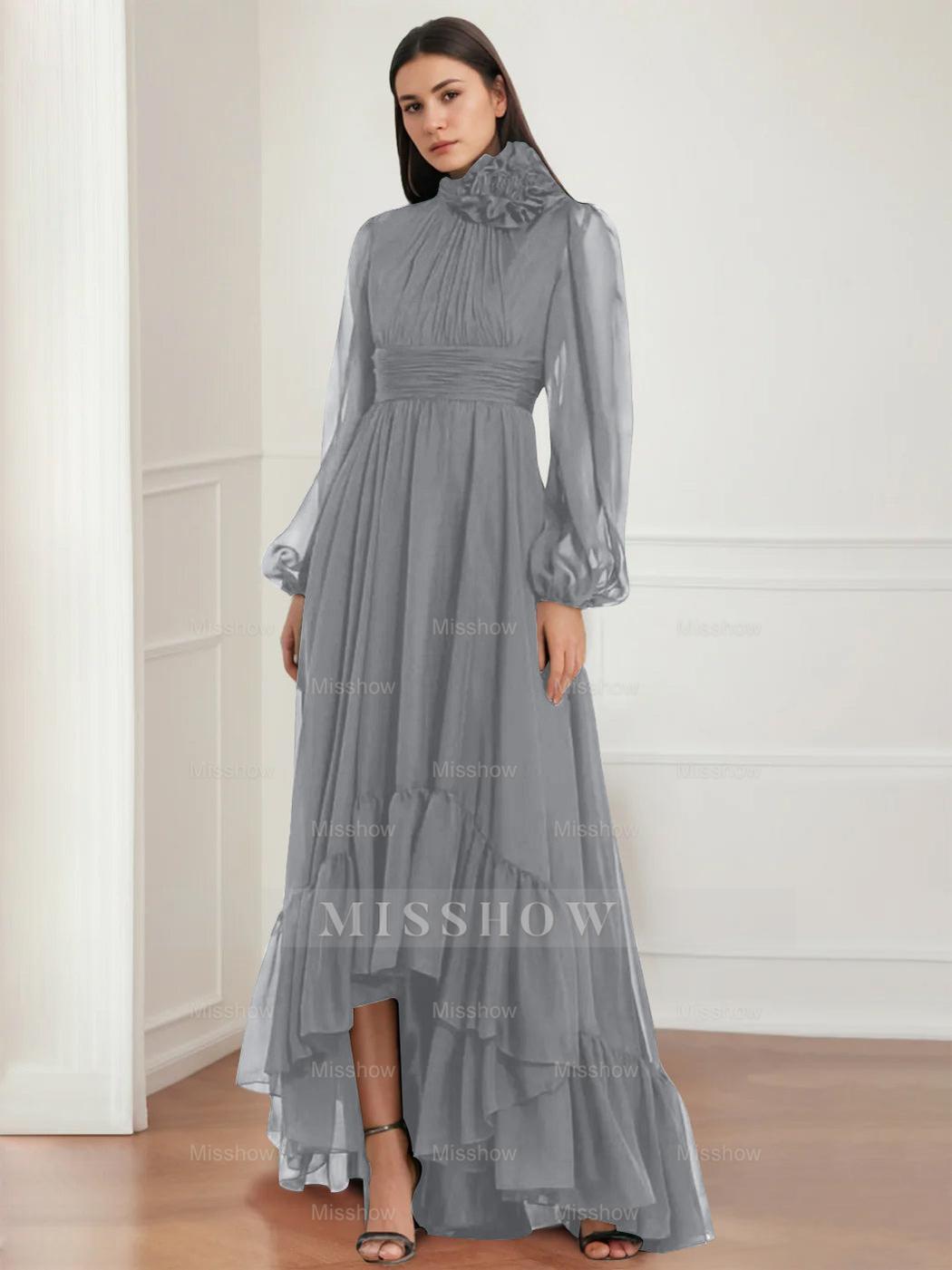 Asymmetrical A-Line Princess Jewel Neck Gown with Long Sleeves Ruffles & Floral Details