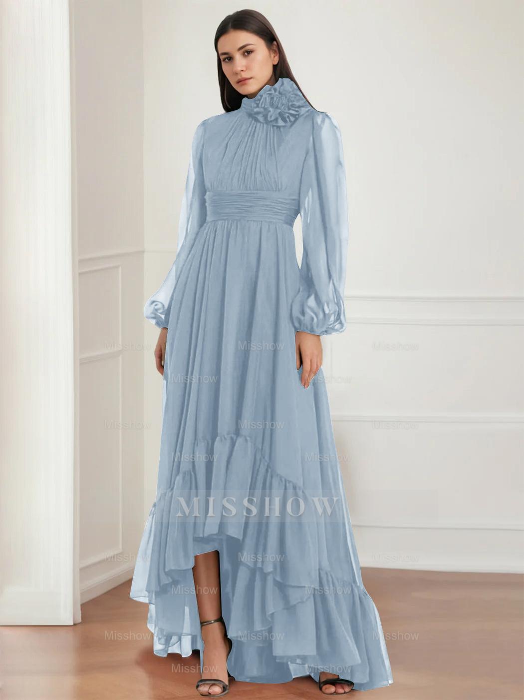 Asymmetrical A-Line Princess Jewel Neck Gown with Long Sleeves Ruffles & Floral Details