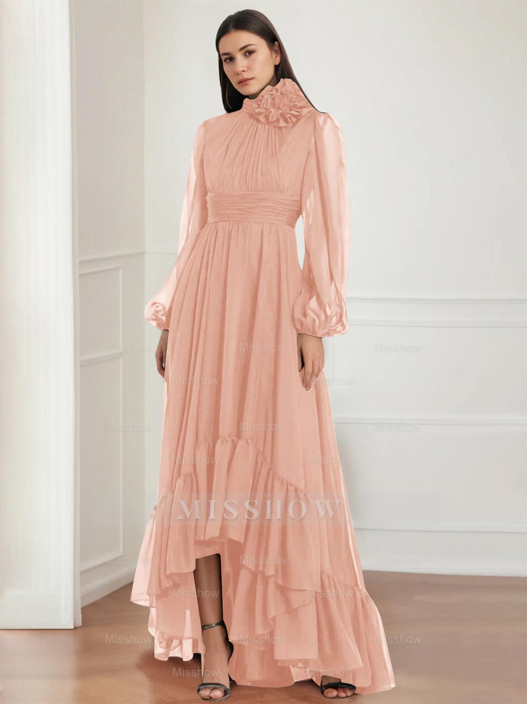 Asymmetrical A-Line Princess Jewel Neck Gown with Long Sleeves Ruffles & Floral Details