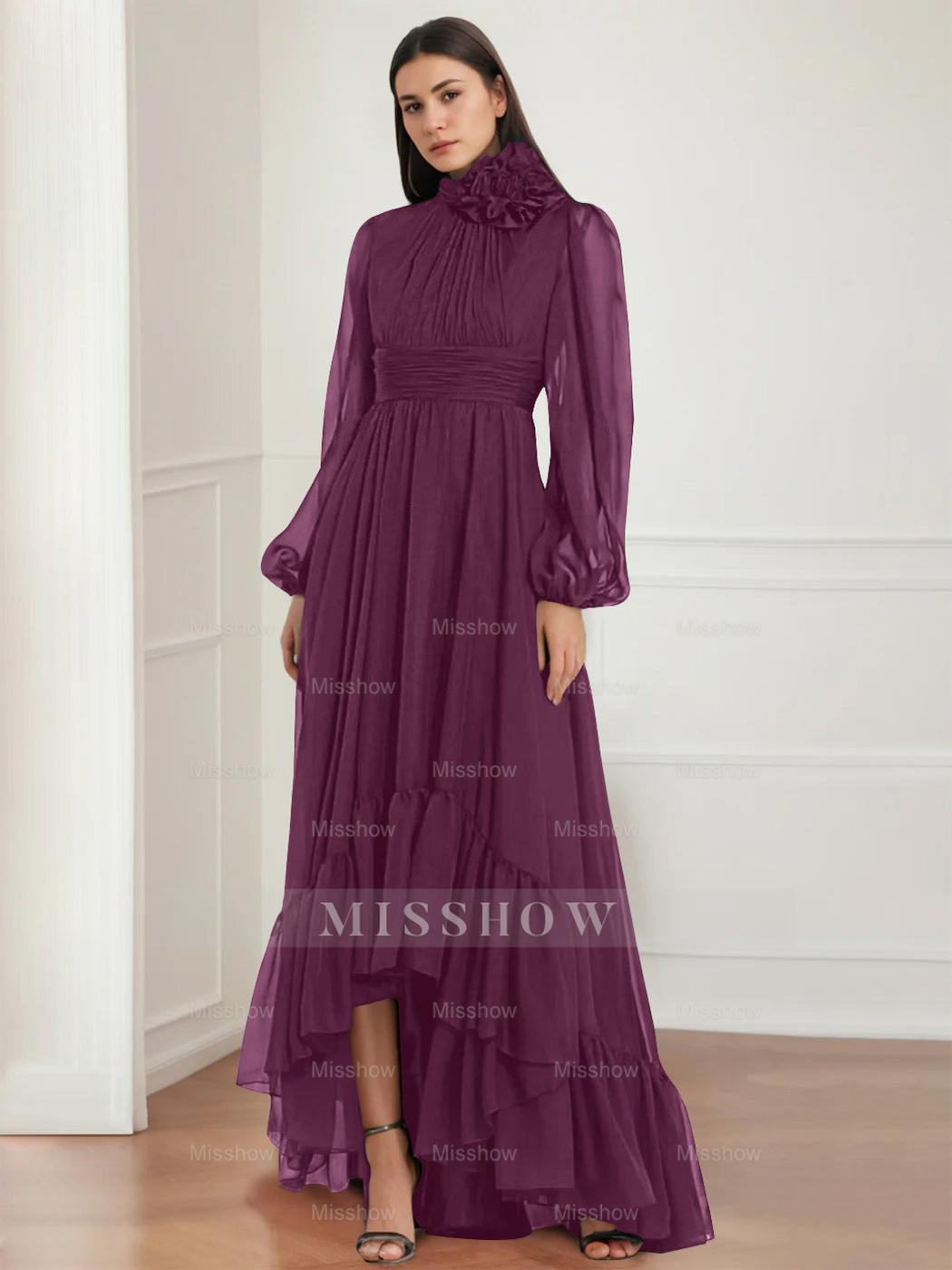 Asymmetrical A-Line Princess Jewel Neck Gown with Long Sleeves Ruffles & Floral Details