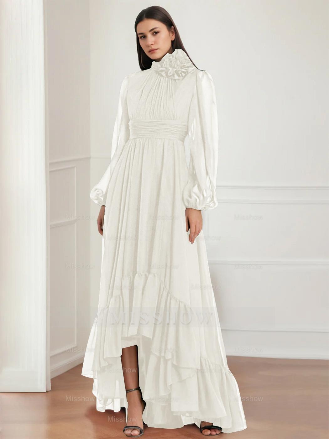 Asymmetrical A-Line Princess Jewel Neck Gown with Long Sleeves Ruffles & Floral Details