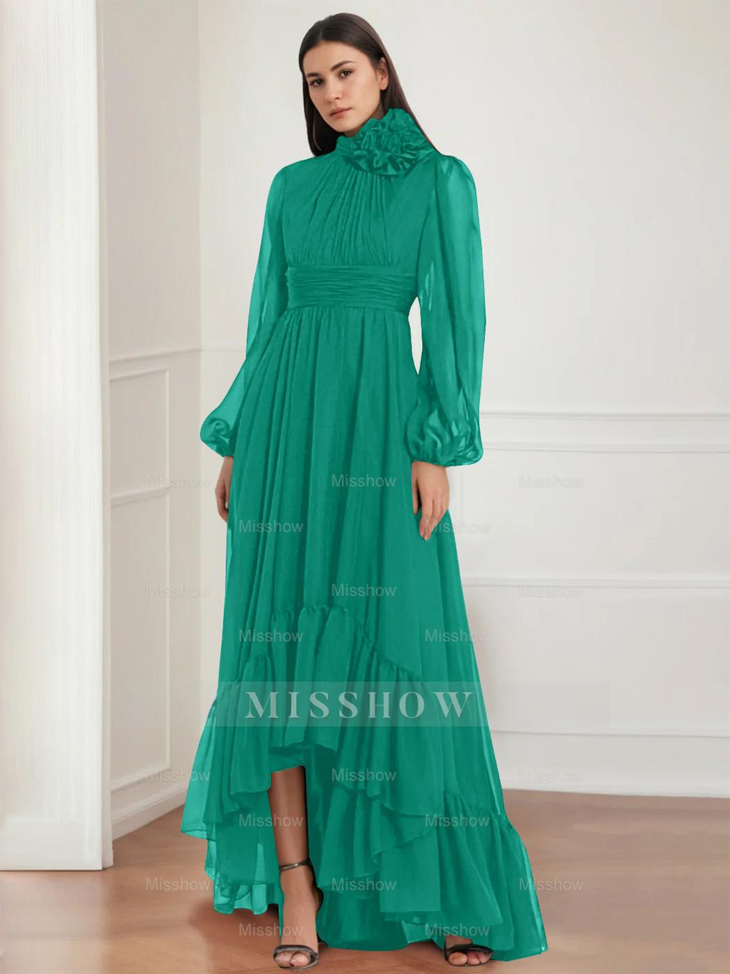 Asymmetrical A-Line Princess Jewel Neck Gown with Long Sleeves Ruffles & Floral Details