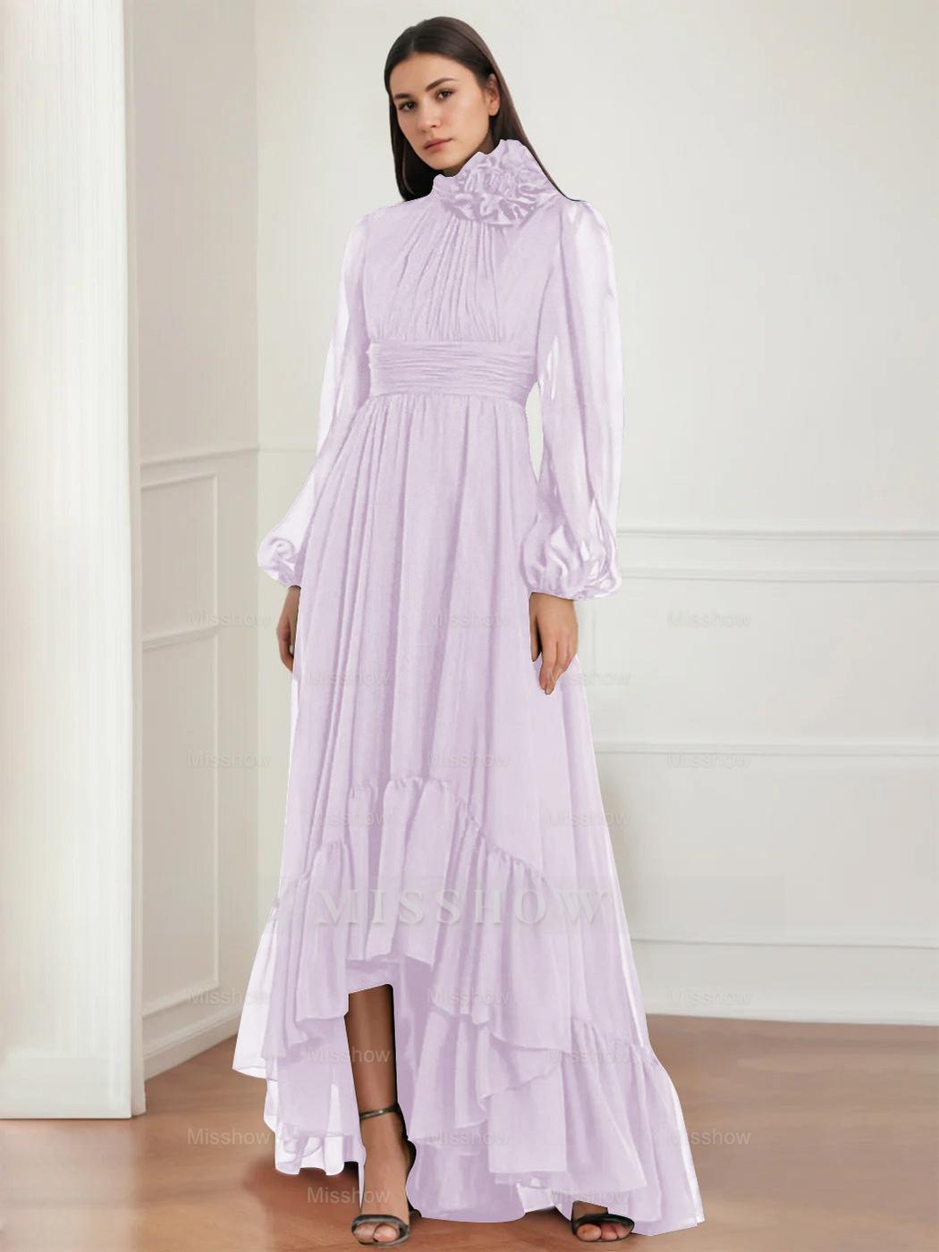 Asymmetrical A-Line Princess Jewel Neck Gown with Long Sleeves Ruffles & Floral Details