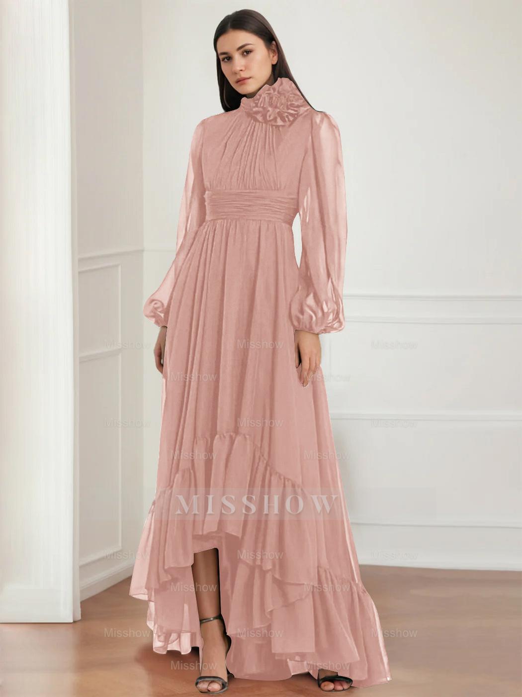 Asymmetrical A-Line Princess Jewel Neck Gown with Long Sleeves Ruffles & Floral Details