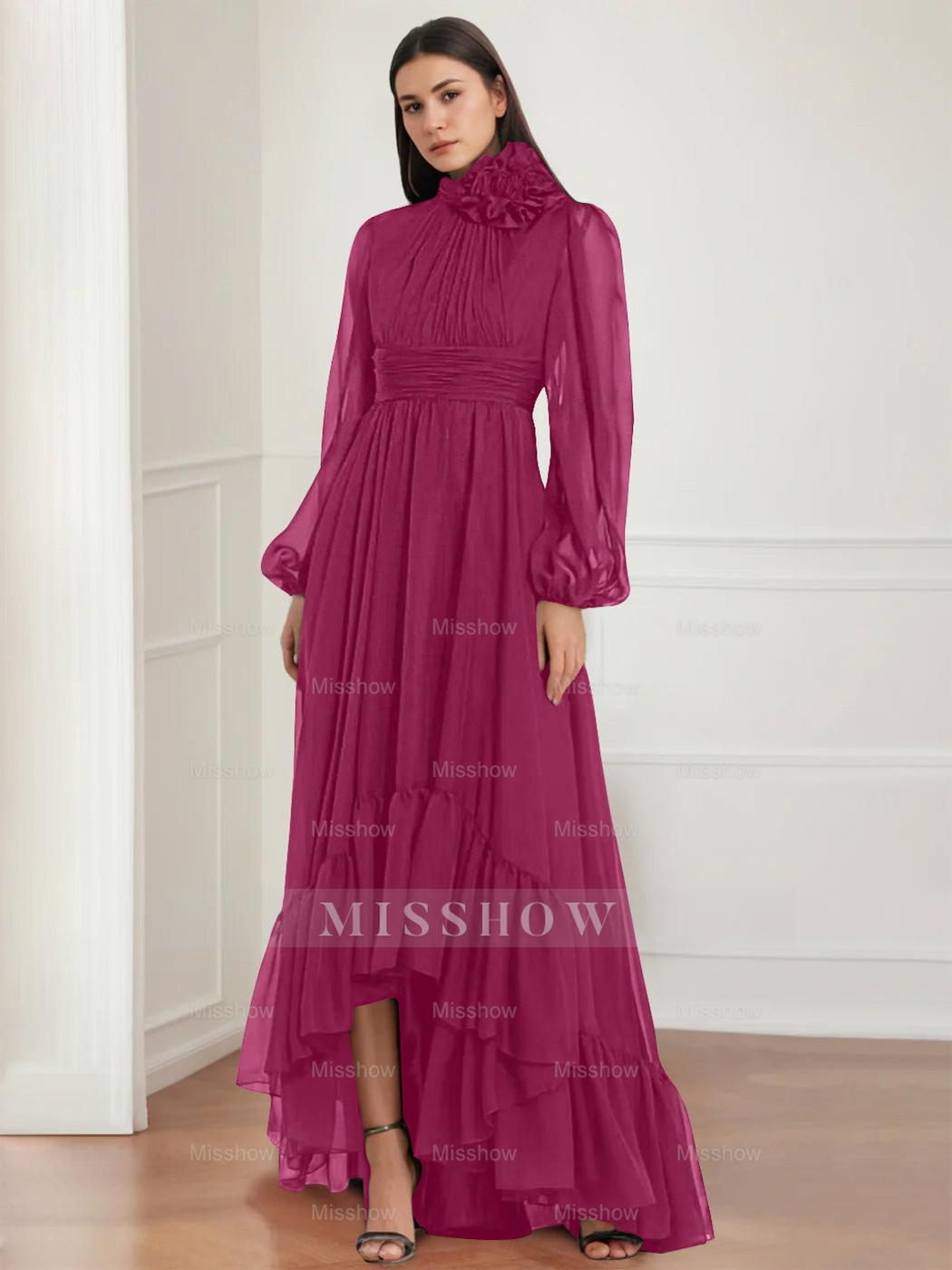 Asymmetrical A-Line Princess Jewel Neck Gown with Long Sleeves Ruffles & Floral Details