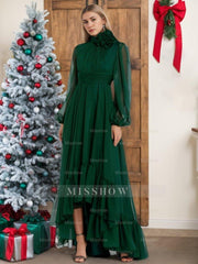 Asymmetrical A-Line Princess Jewel Neck Gown with Long Sleeves Ruffles & Floral Details