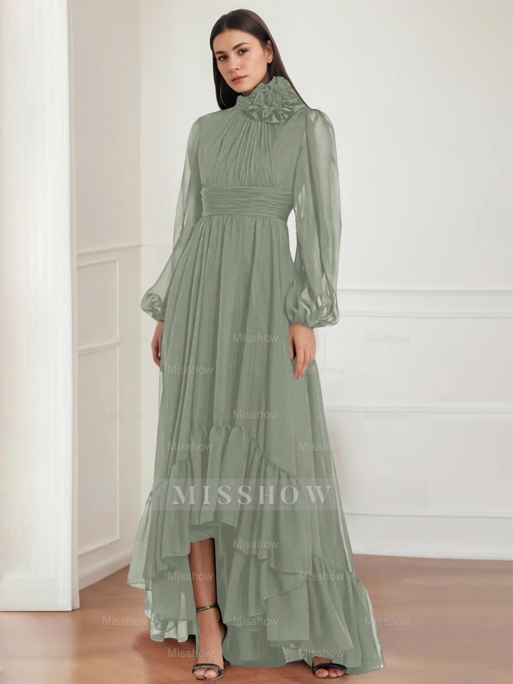 Asymmetrical A-Line Princess Jewel Neck Gown with Long Sleeves Ruffles & Floral Details