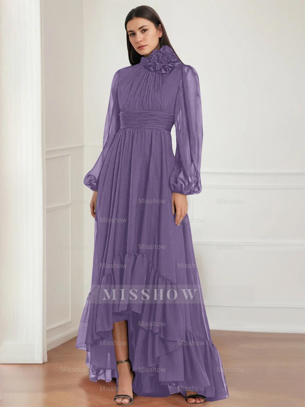 Asymmetrical A-Line Princess Jewel Neck Gown with Long Sleeves Ruffles & Floral Details