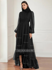 Asymmetrical A-Line Princess Jewel Neck Gown with Long Sleeves Ruffles & Floral Details