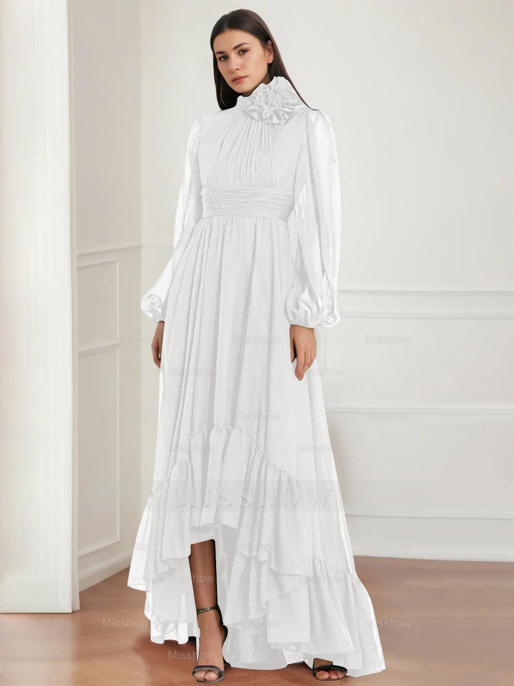 Asymmetrical A-Line Princess Jewel Neck Gown with Long Sleeves Ruffles & Floral Details