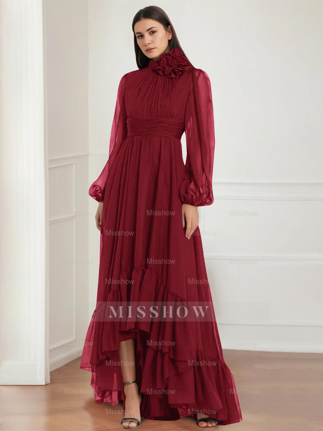 Asymmetrical A-Line Princess Jewel Neck Gown with Long Sleeves Ruffles & Floral Details