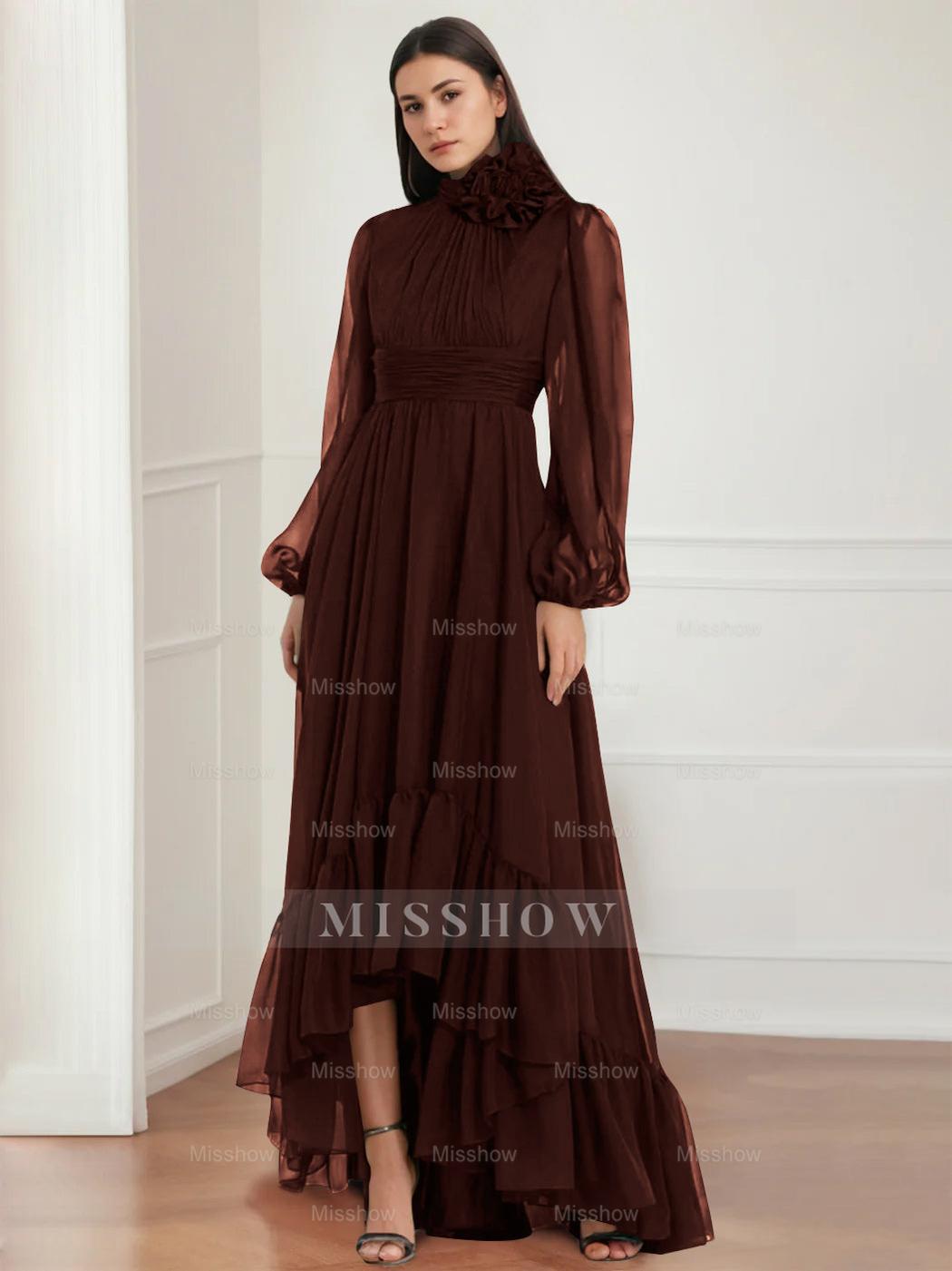 Asymmetrical A-Line Princess Jewel Neck Gown with Long Sleeves Ruffles & Floral Details