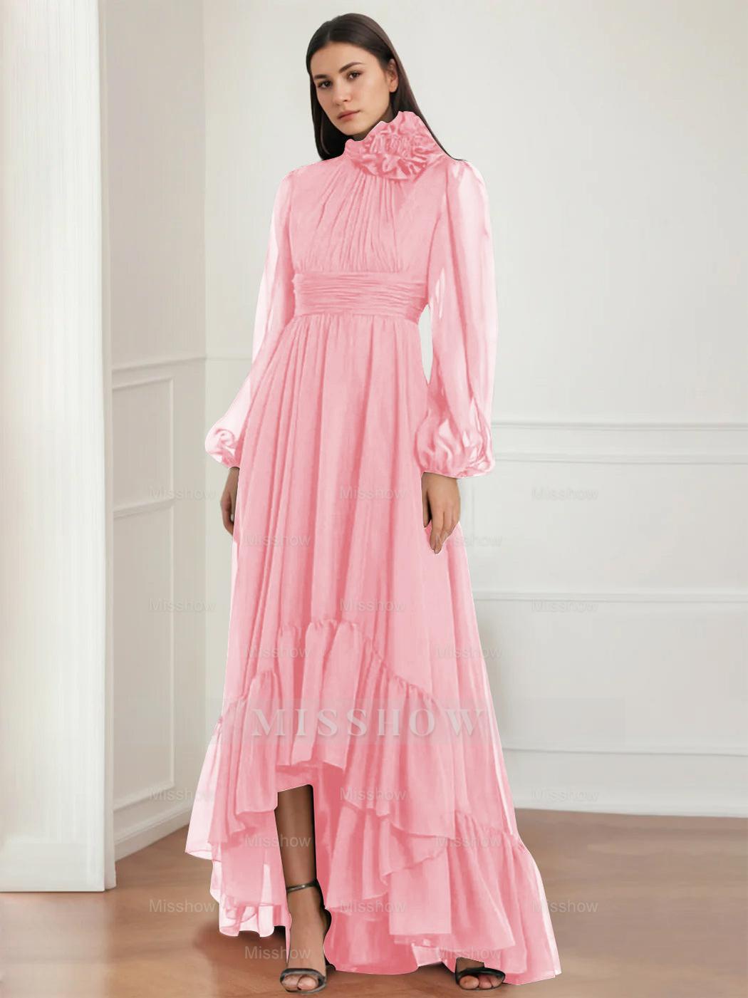 Asymmetrical A-Line Princess Jewel Neck Gown with Long Sleeves Ruffles & Floral Details