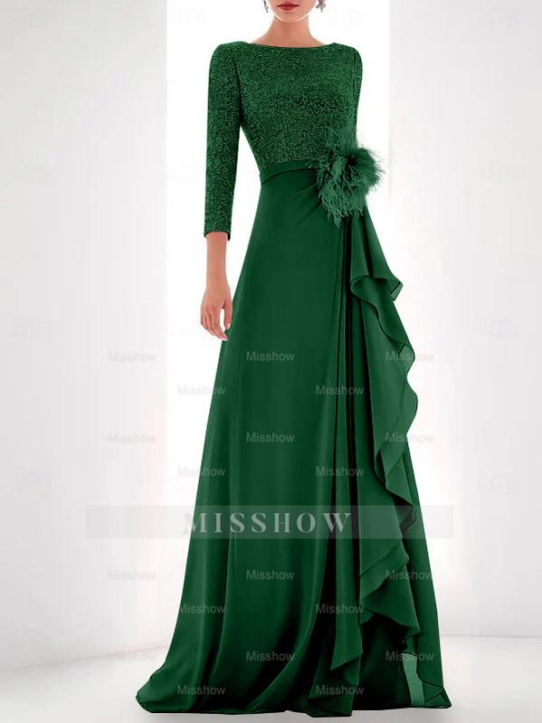 Asymmetrical A-Line Princess Jewel Neck Gown with Long Sleeves Sequin Feather and Pearl Details