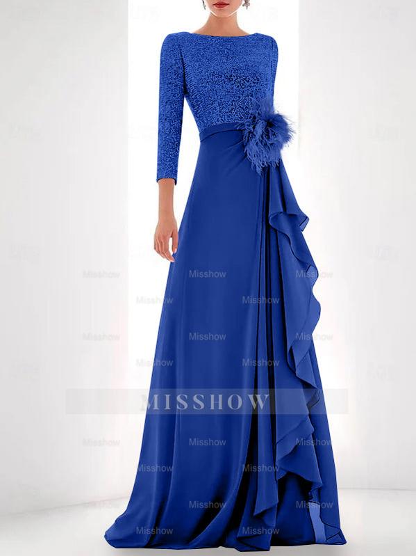 Asymmetrical A-Line Princess Jewel Neck Gown with Long Sleeves Sequin Feather and Pearl Details