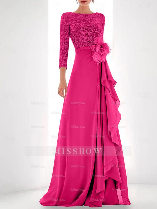 Asymmetrical A-Line Princess Jewel Neck Gown with Long Sleeves Sequin Feather and Pearl Details