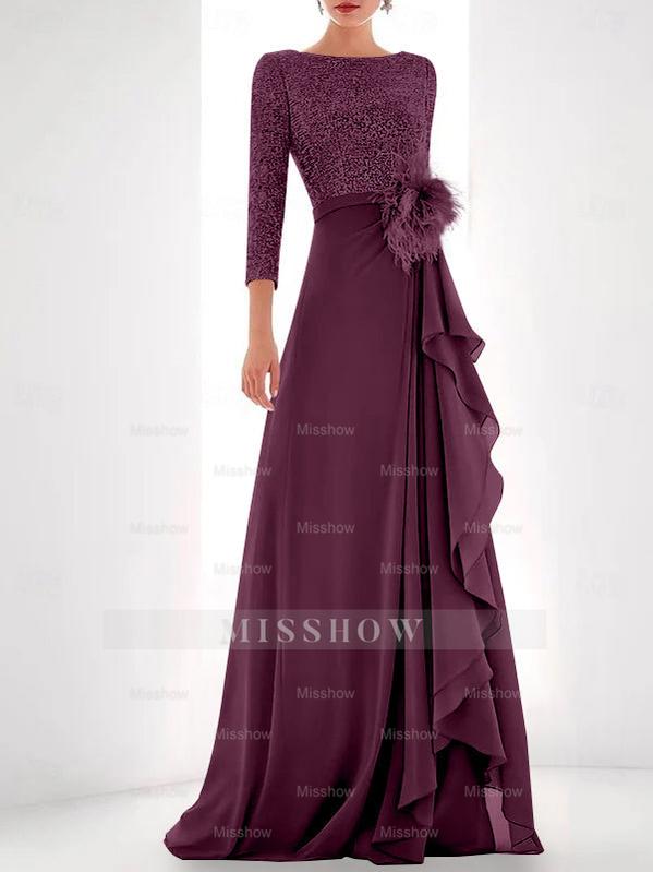 Asymmetrical A-Line Princess Jewel Neck Gown with Long Sleeves Sequin Feather and Pearl Details