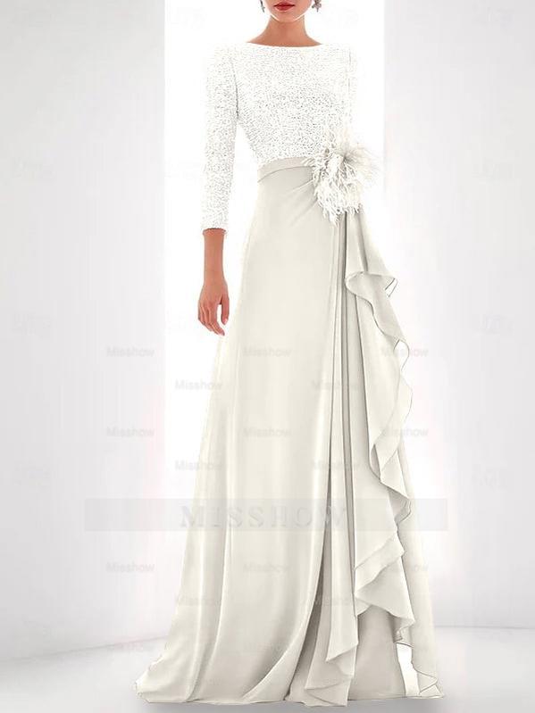 Asymmetrical A-Line Princess Jewel Neck Gown with Long Sleeves Sequin Feather and Pearl Details