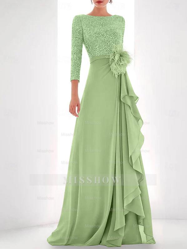 Asymmetrical A-Line Princess Jewel Neck Gown with Long Sleeves Sequin Feather and Pearl Details