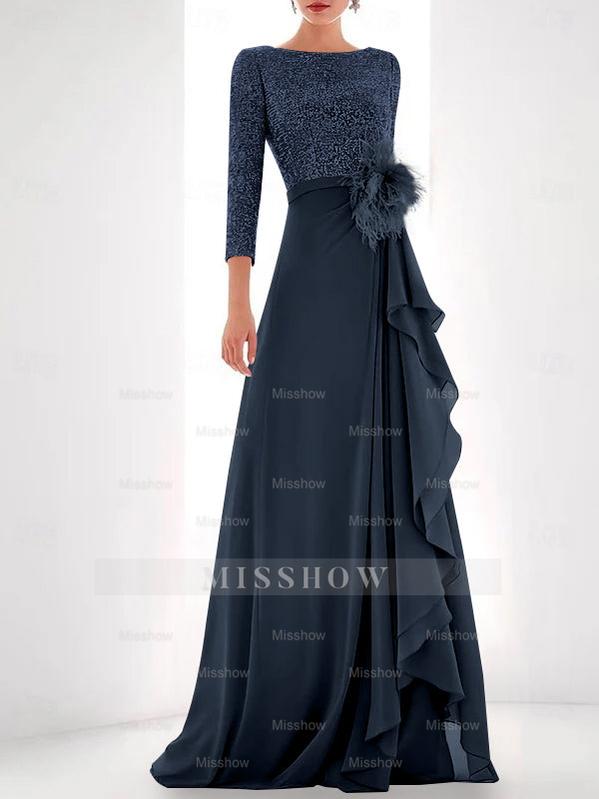 Asymmetrical A-Line Princess Jewel Neck Gown with Long Sleeves Sequin Feather and Pearl Details