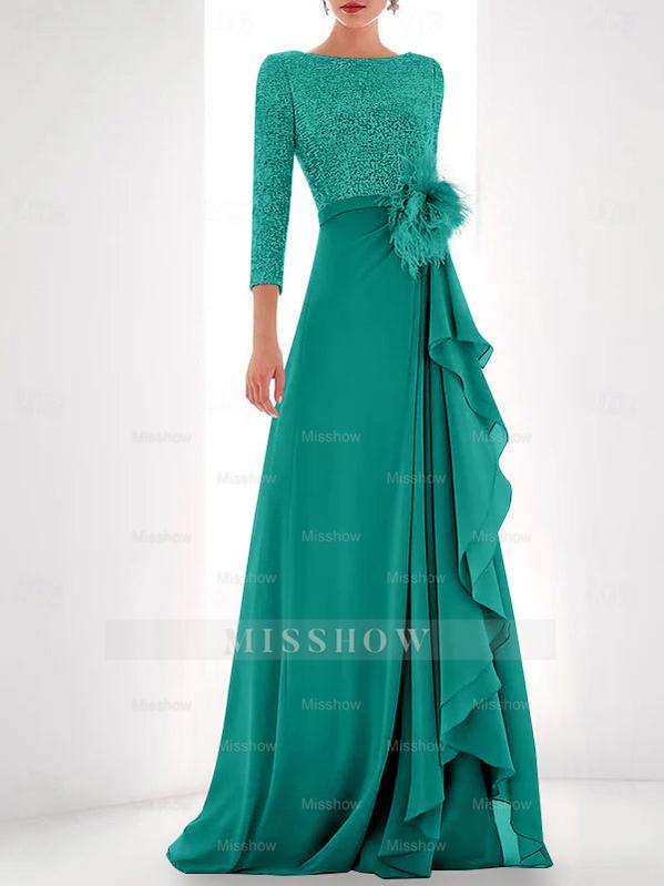 Asymmetrical A-Line Princess Jewel Neck Gown with Long Sleeves Sequin Feather and Pearl Details