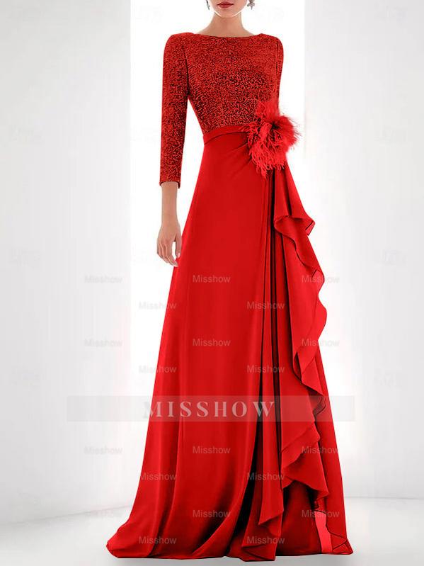 Asymmetrical A-Line Princess Jewel Neck Gown with Long Sleeves Sequin Feather and Pearl Details