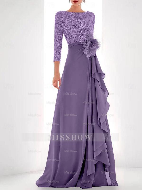 Asymmetrical A-Line Princess Jewel Neck Gown with Long Sleeves Sequin Feather and Pearl Details