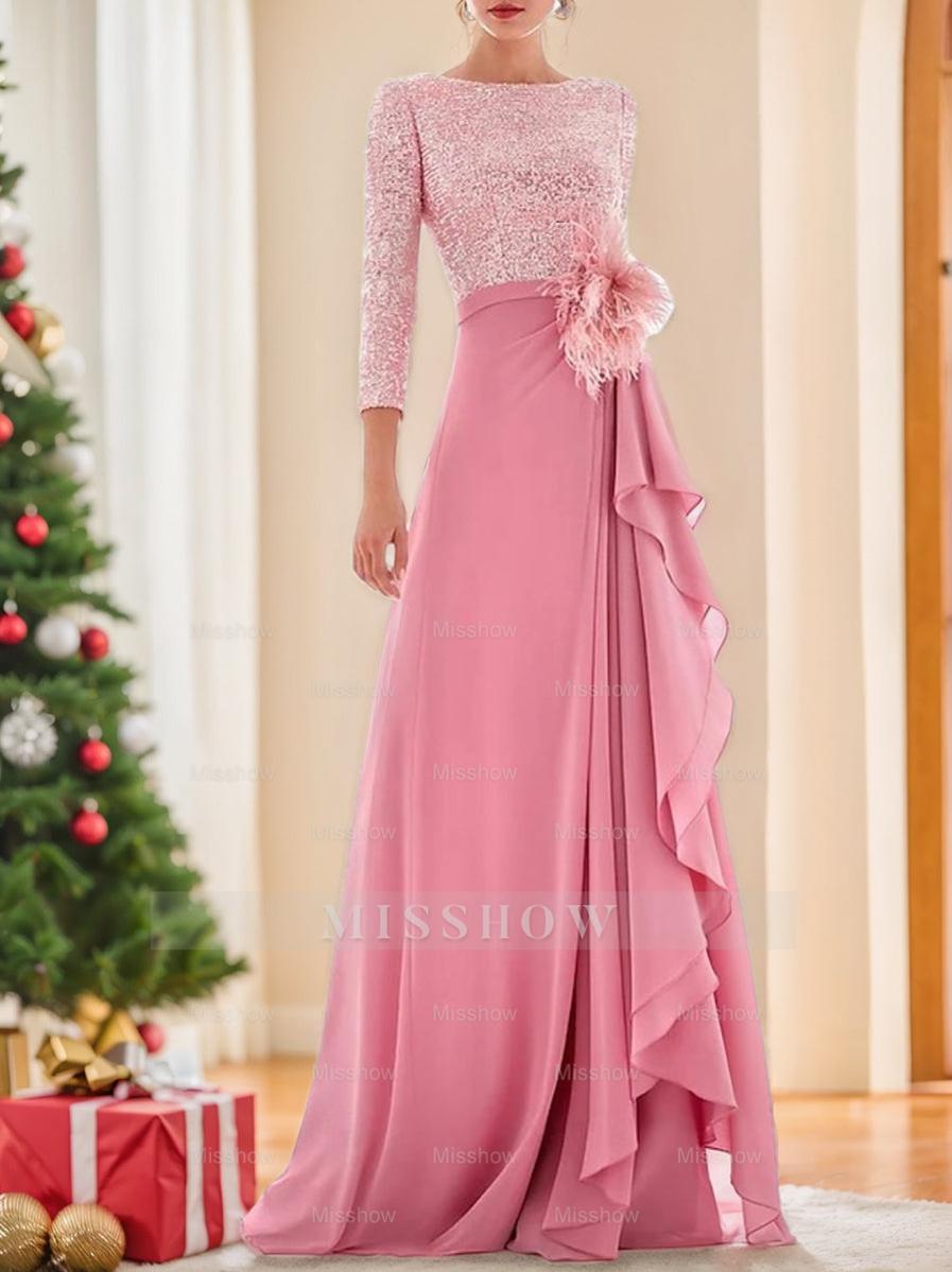 Asymmetrical A-Line Princess Jewel Neck Gown with Long Sleeves Sequin Feather and Pearl Details