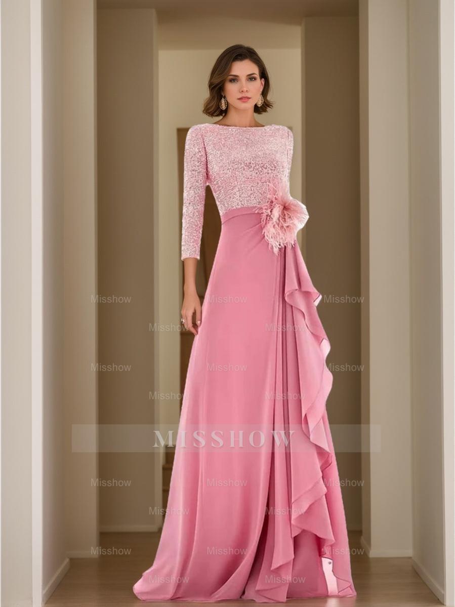 Asymmetrical A-Line Princess Jewel Neck Gown with Long Sleeves Sequin Feather and Pearl Details