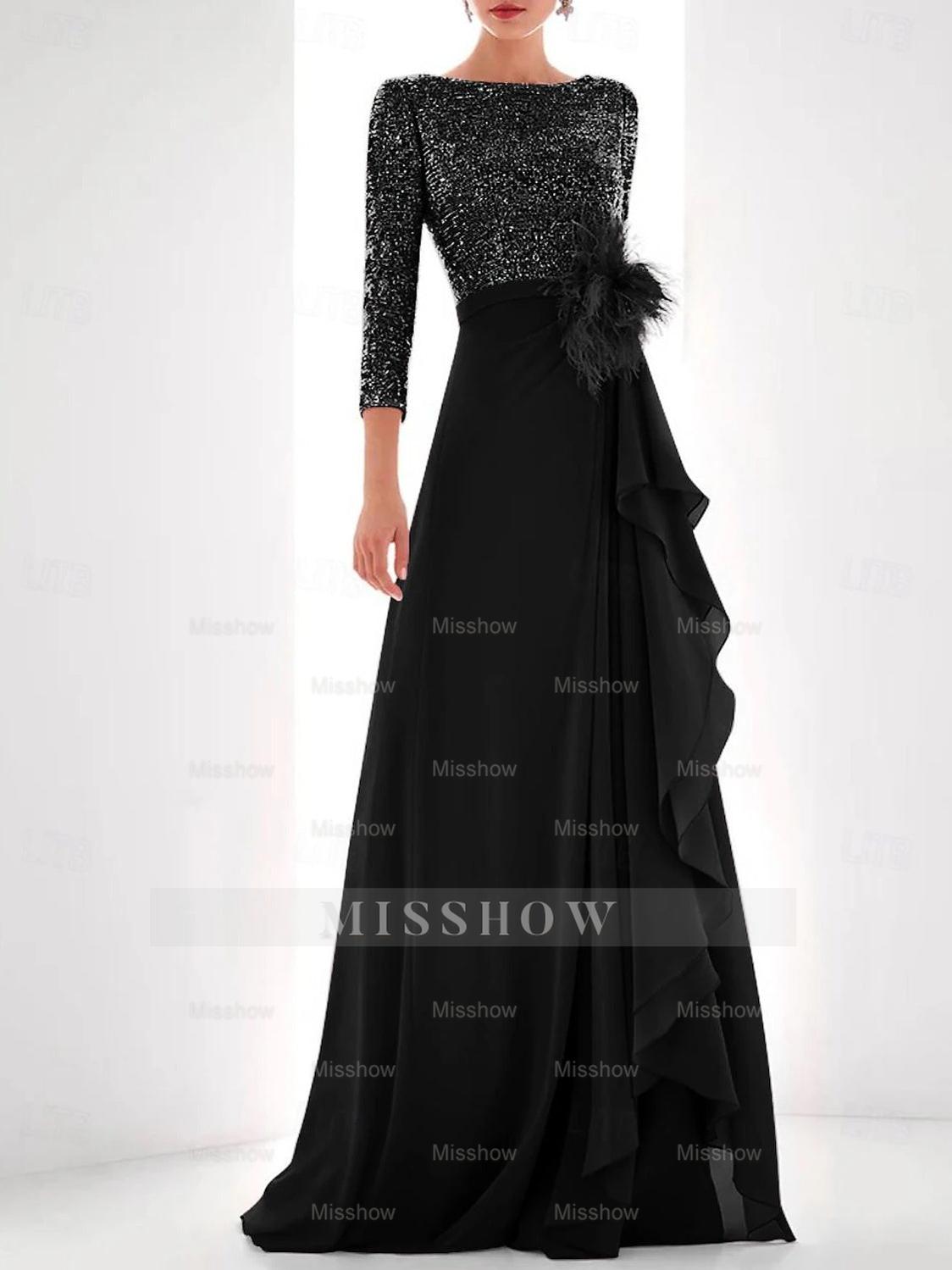 Asymmetrical A-Line Princess Jewel Neck Gown with Long Sleeves Sequin Feather and Pearl Details