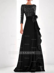 Asymmetrical A-Line Princess Jewel Neck Gown with Long Sleeves Sequin Feather and Pearl Details