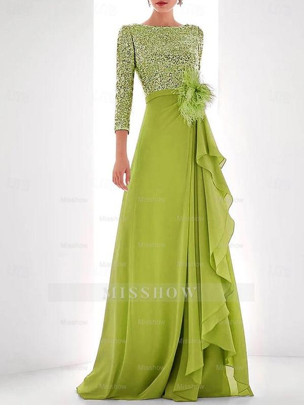 Asymmetrical A-Line Princess Jewel Neck Gown with Long Sleeves Sequin Feather and Pearl Details