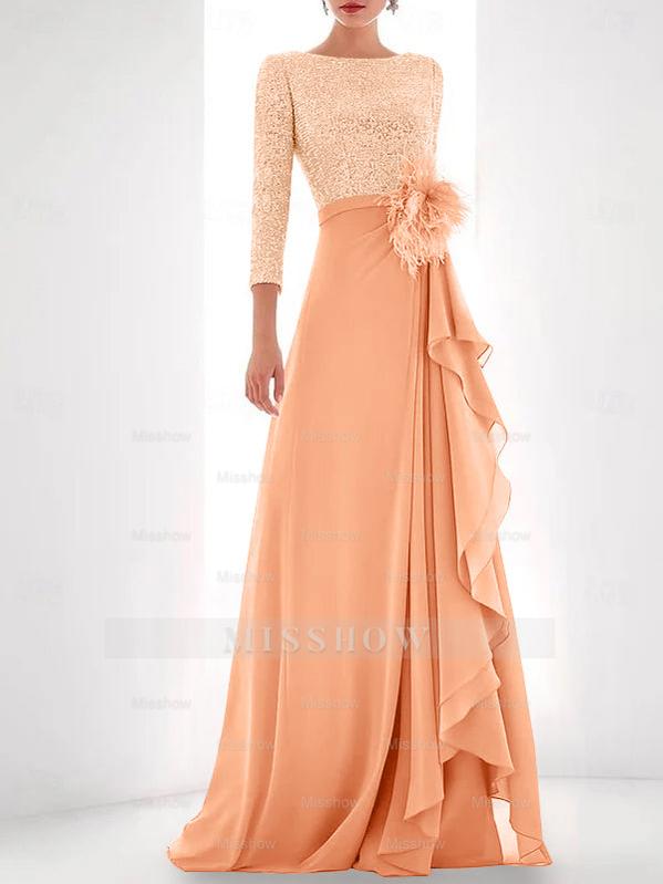 Asymmetrical A-Line Princess Jewel Neck Gown with Long Sleeves Sequin Feather and Pearl Details