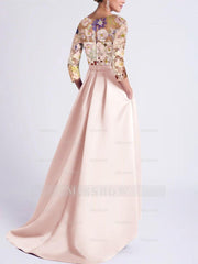 Asymmetrical A-Line Princess Scoop Mother of the Bride Dress with 3/4 Sleeves and Lace Appliques