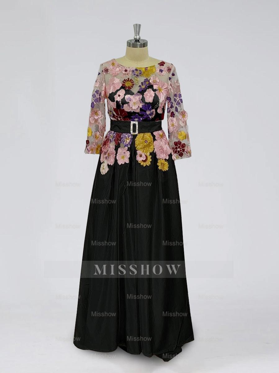 Asymmetrical A-Line Princess Scoop Mother of the Bride Dress with 3/4 Sleeves and Lace Appliques