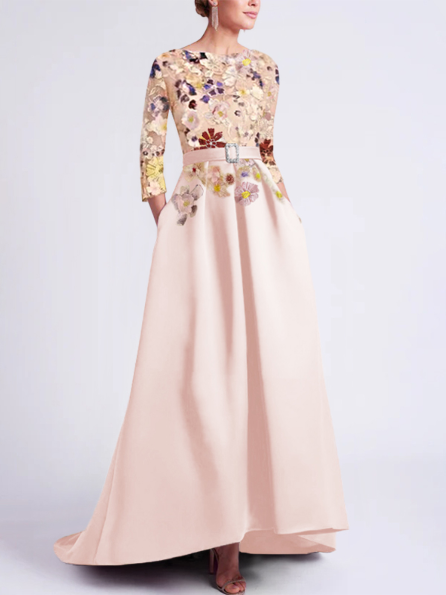 Asymmetrical A-Line Princess Scoop Mother of the Bride Dress with 3/4 Sleeves and Lace Appliques