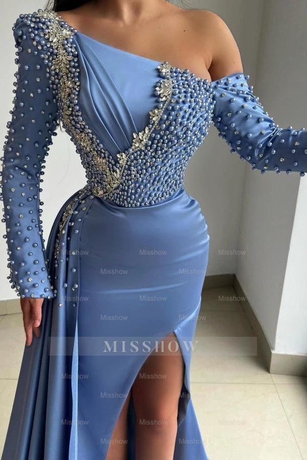 Asymmetrical Blue Long Sleeves Mermaid Formal Dress with Beads and Slit
