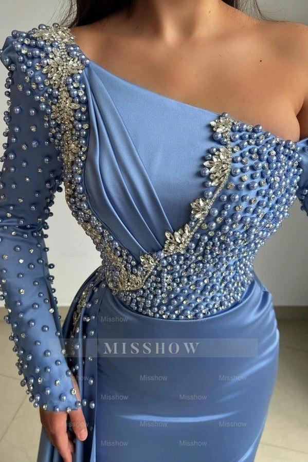 Asymmetrical Blue Long Sleeves Mermaid Formal Dress with Beads and Slit