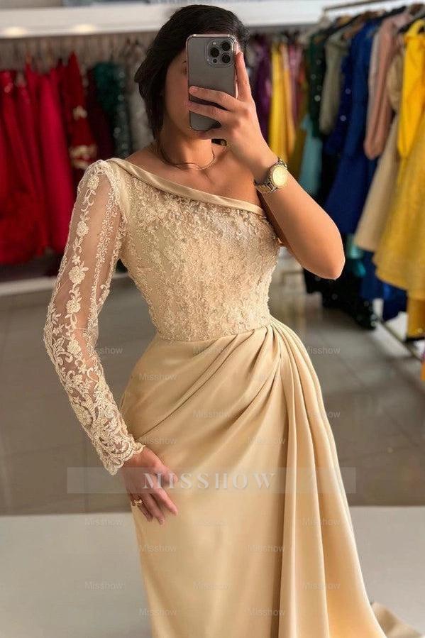 Asymmetrical Champagne One Shoulder Column Formal Dress with Appliques and Panel Train