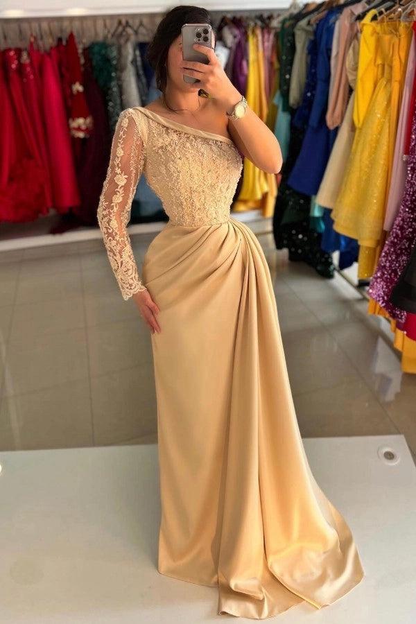 Asymmetrical Champagne One Shoulder Column Formal Dress with Appliques and Panel Train
