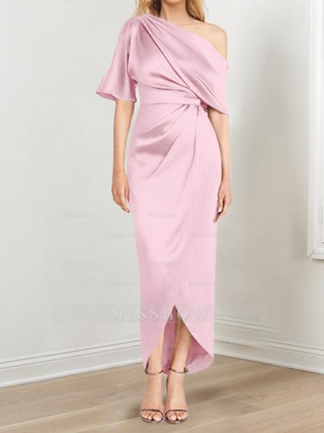 Asymmetrical One-Shoulder Short Sleeve Sheath Dress with Ruffles for the Mother of the Bride