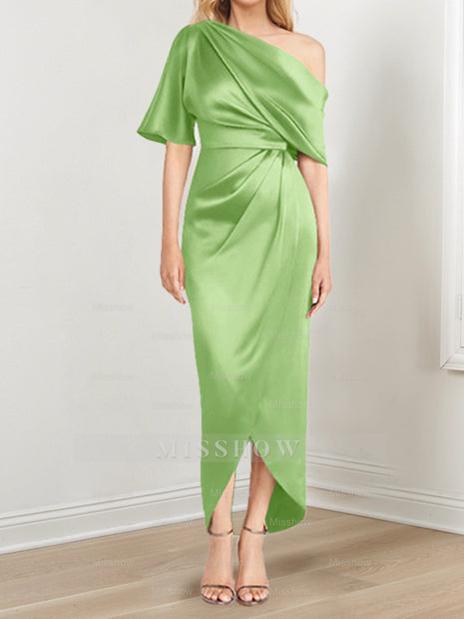 Asymmetrical One-Shoulder Short Sleeve Sheath Dress with Ruffles for the Mother of the Bride