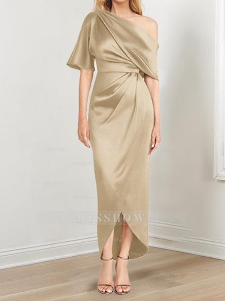 Asymmetrical One-Shoulder Short Sleeve Sheath Dress with Ruffles for the Mother of the Bride