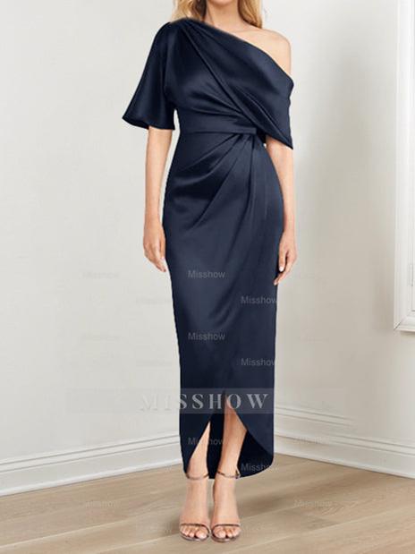 Asymmetrical One-Shoulder Short Sleeve Sheath Dress with Ruffles for the Mother of the Bride