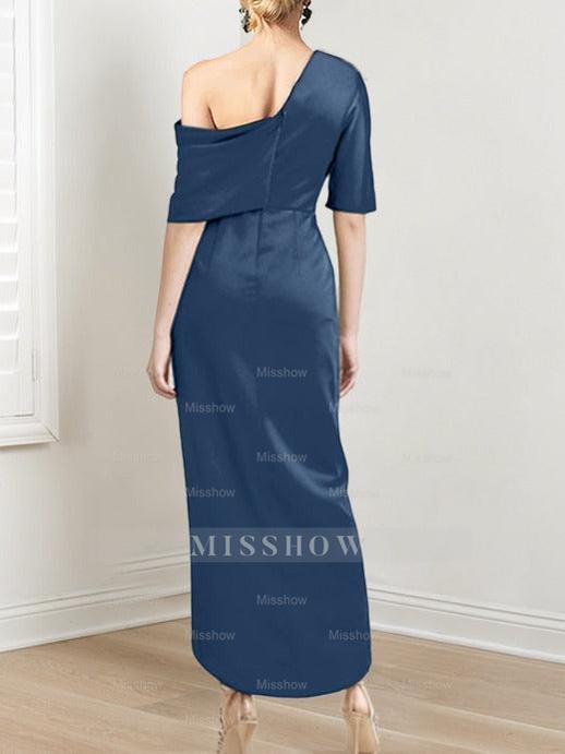Asymmetrical One-Shoulder Short Sleeve Sheath Dress with Ruffles for the Mother of the Bride