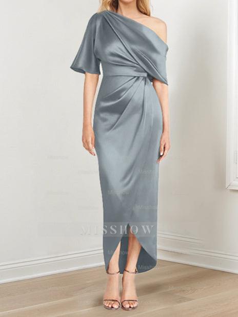Asymmetrical One-Shoulder Short Sleeve Sheath Dress with Ruffles for the Mother of the Bride