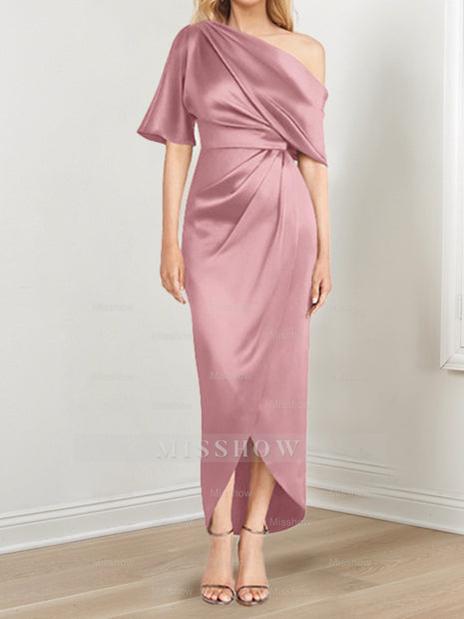 Asymmetrical One-Shoulder Short Sleeve Sheath Dress with Ruffles for the Mother of the Bride
